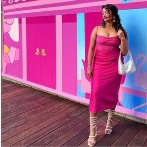House of CB midi dress size M Teia draped corset satin hot‎ pink